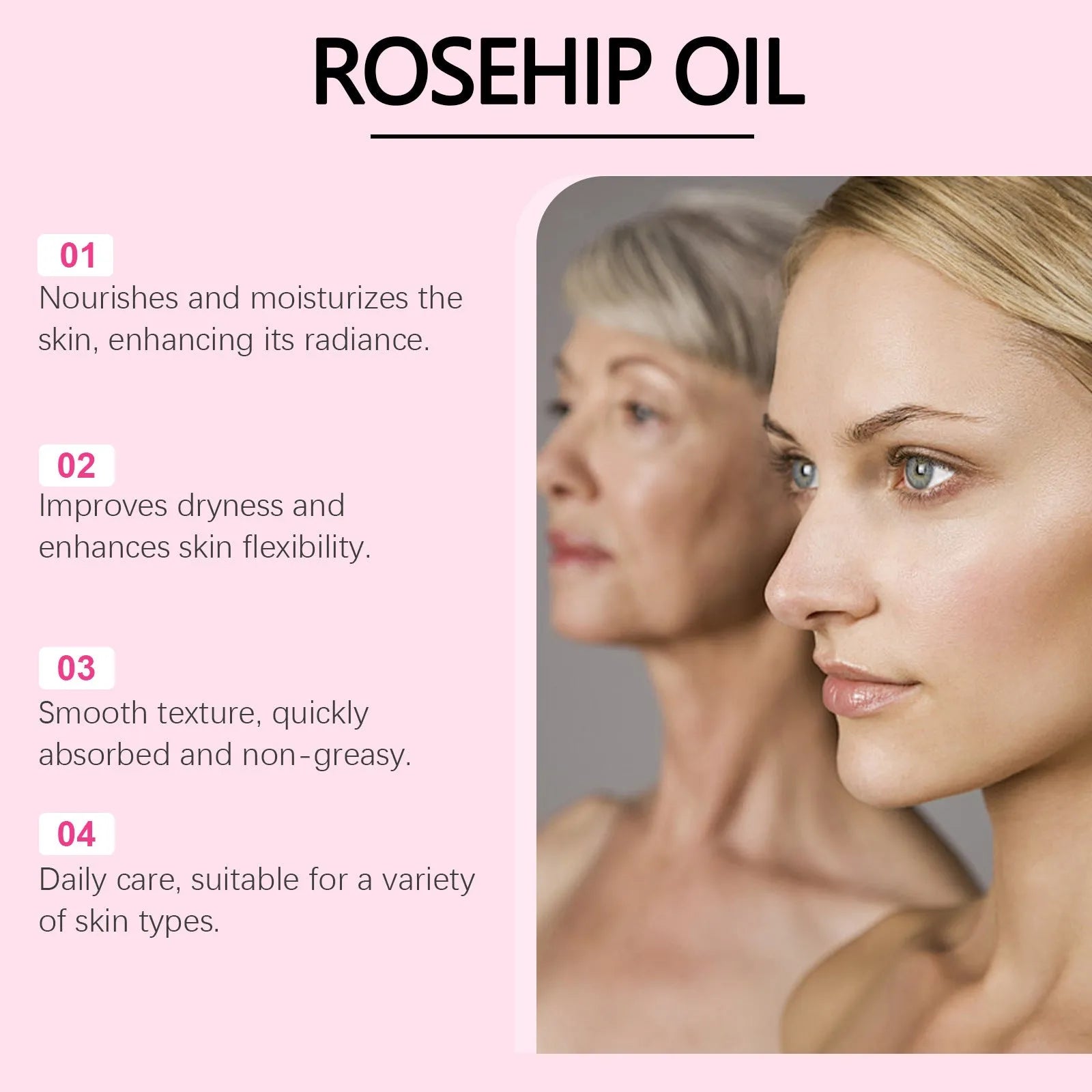 60ml bottle of rose fruit seed facial oil with glycerol, rose hip oil and vitamin E