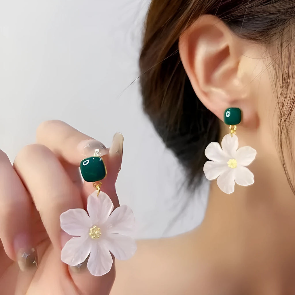 Dark green alloy earrings with needle flowers design and sterling silver-style finish