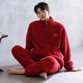 Long sleeve half velvet padded zipper couple pajamas set in flannel polyester, multiple colours available