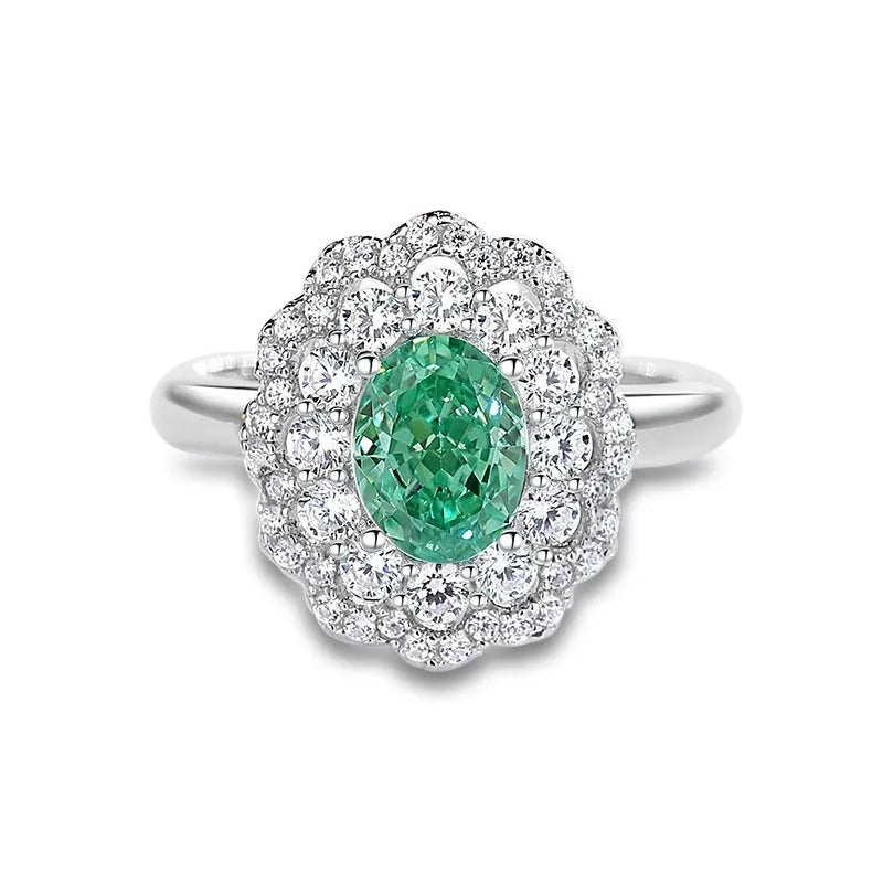 S925 silver emerald ring for women with a geometric design and an inlaid high carbon diamond centre stone.