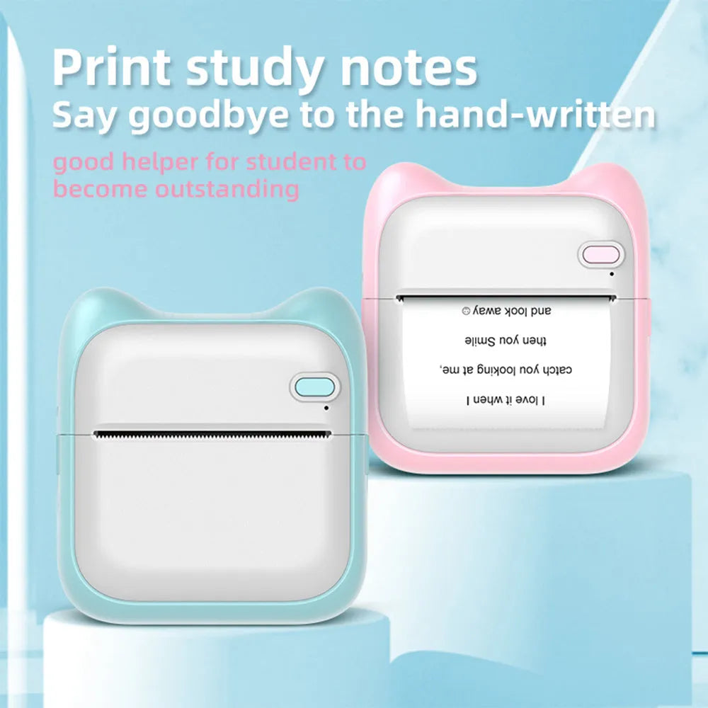 Pink mini pocket Bluetooth thermal printer on desk with USB cable, 90x45x82mm