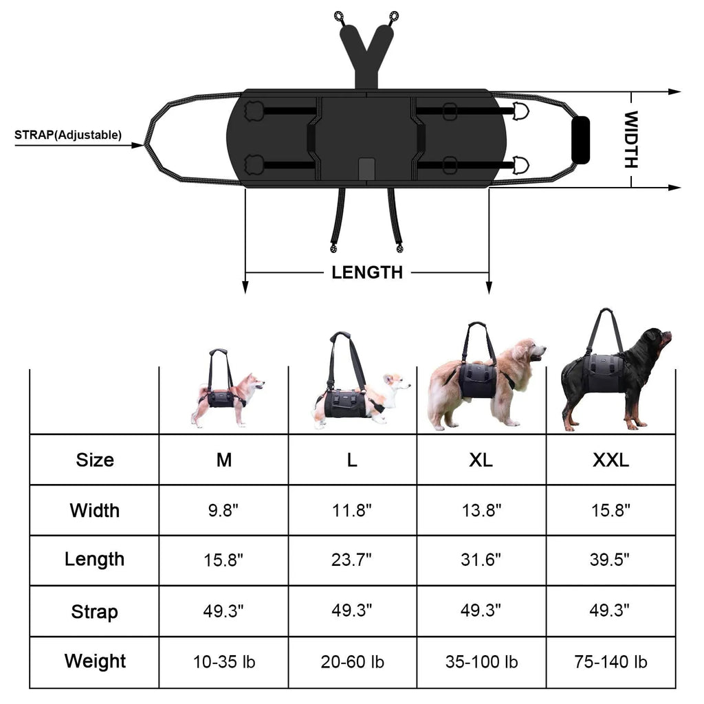 Black Oxford cloth adjustable dog harness for chest support, shown in multiple sizes.