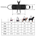 Black Oxford cloth adjustable dog harness for chest support, shown in multiple sizes.