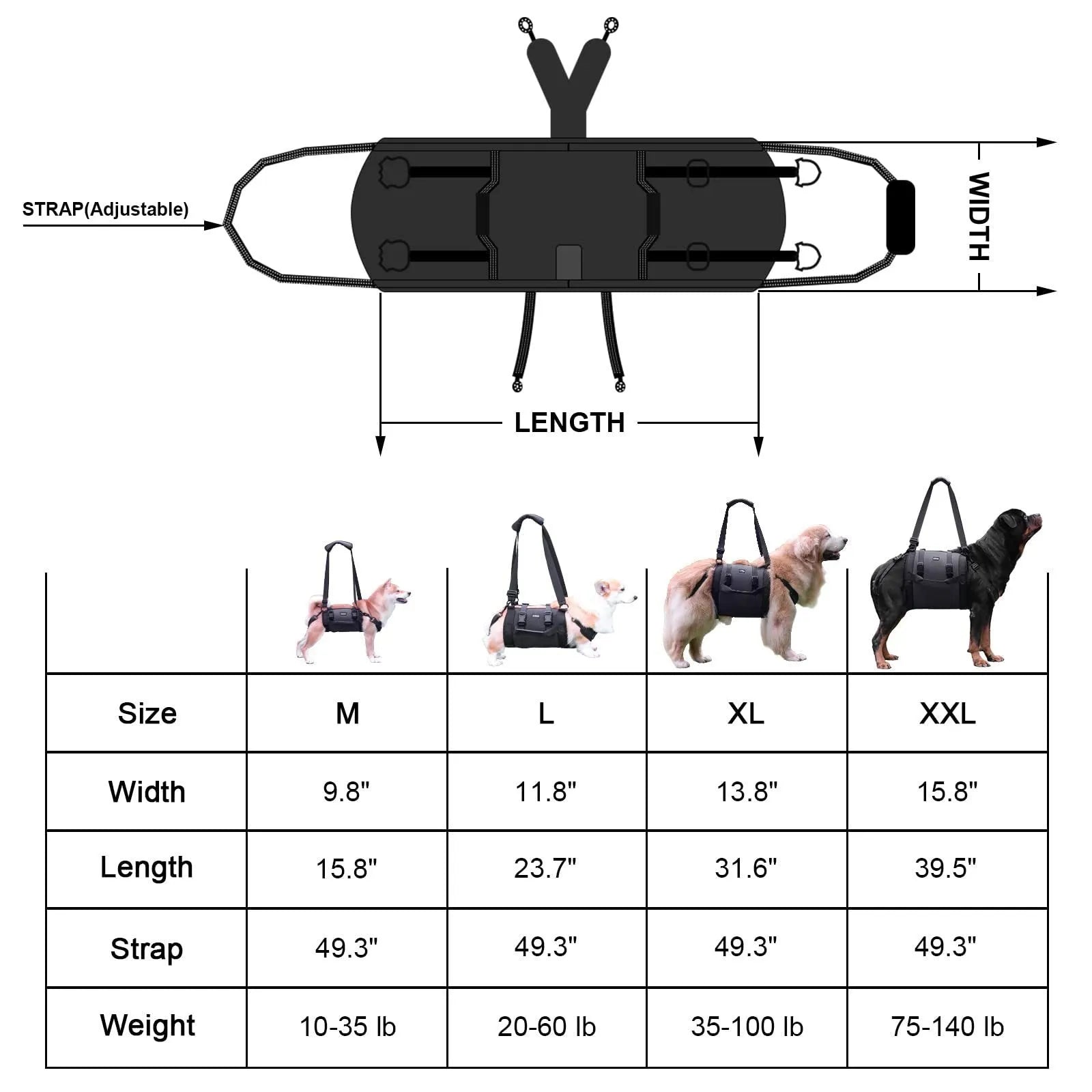 Black Oxford cloth adjustable dog harness for chest support, shown in multiple sizes.