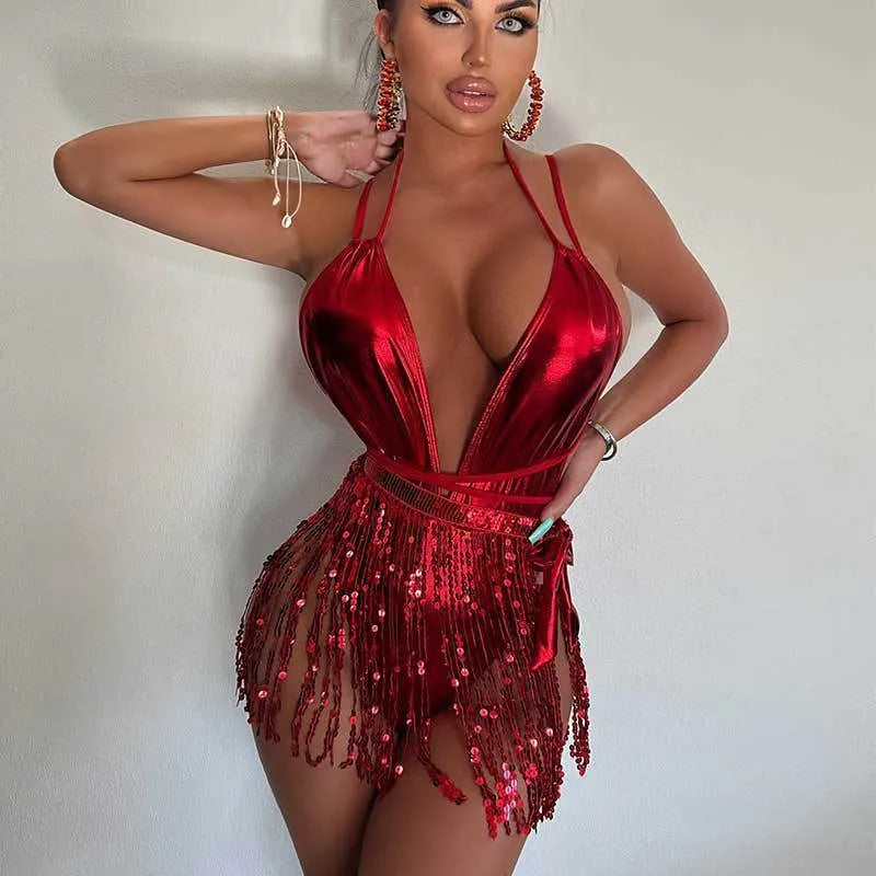 Nightclub Hot Girl tassel one-piece swimsuit in solid colour, backless design, high elasticity, women's swimwear