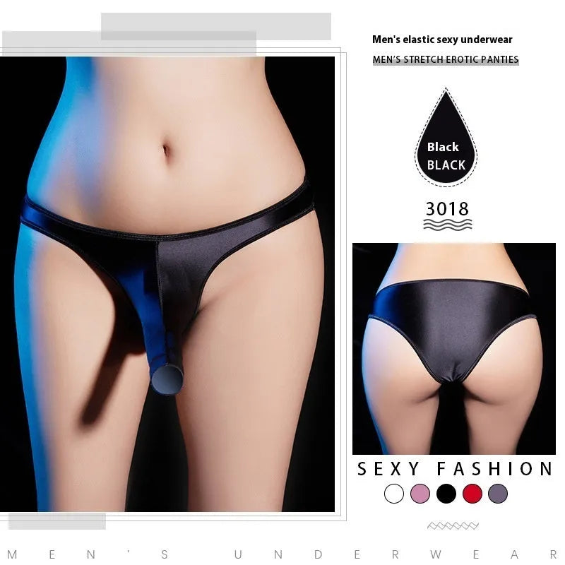 Men's shiny nylon low waist T-back underwear in black, shown from the rear to highlight the T-back design.
