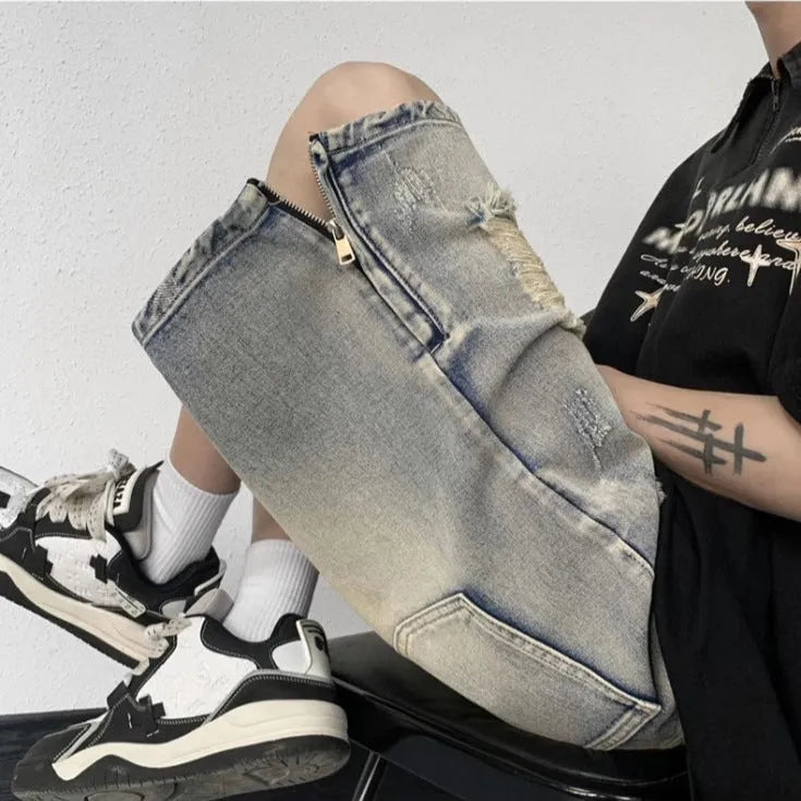 Blue retro denim shorts with wide-leg loose cut and tattered detailing, fifth pants length
