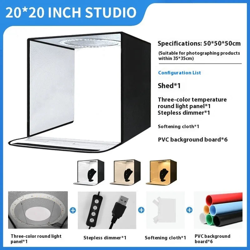 50cm cube photo light box with metal frame and USB-powered lighting panel