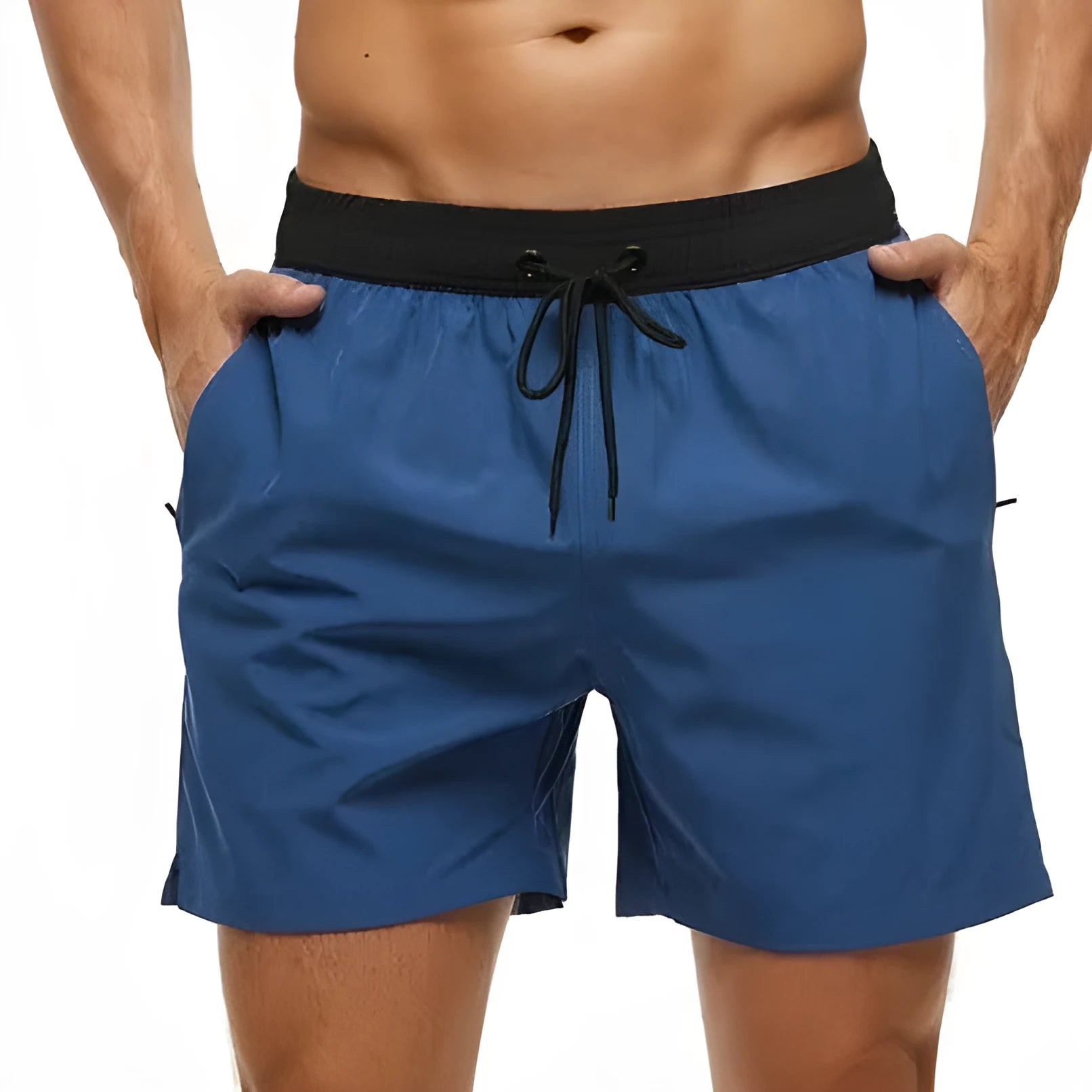 Men's blue running shorts with a stitching waistband, drawstring, and a side zippered pocket.
