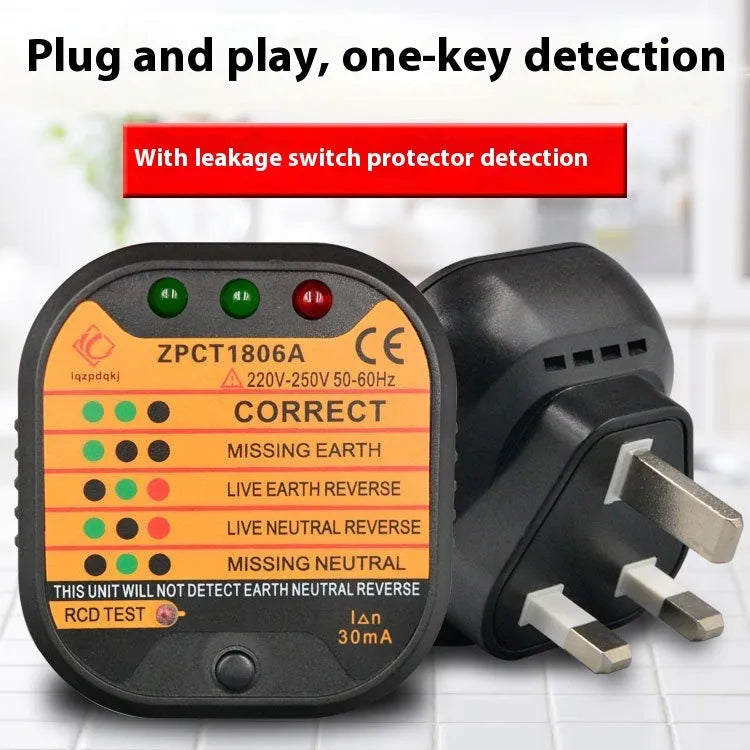 Black socket tester with LED indicators for UK EU US electrical outlet wiring fault detection
