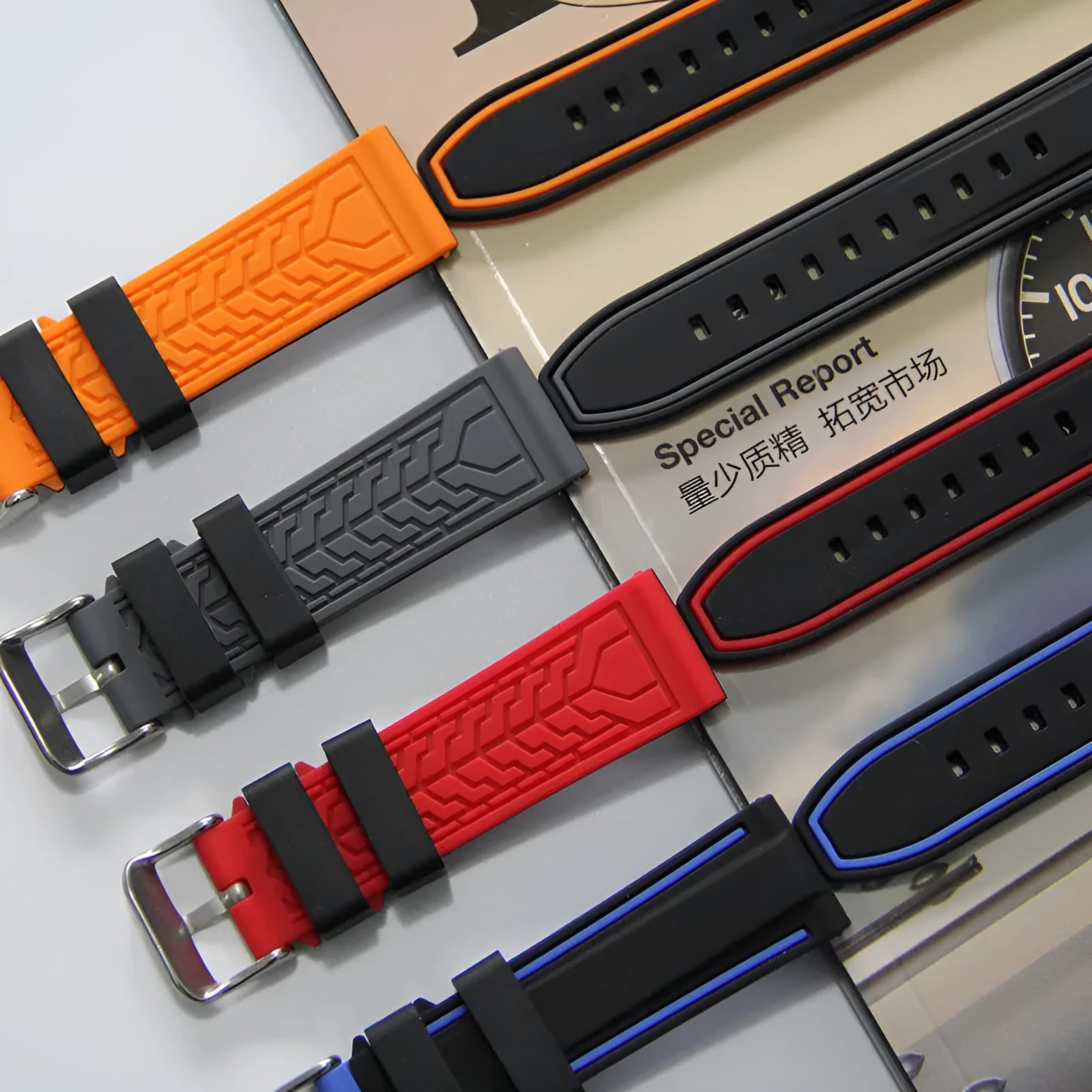 Sweat resistant dual colour silicone watch strap in black blue with needle buckle, matte finish, 20mm width