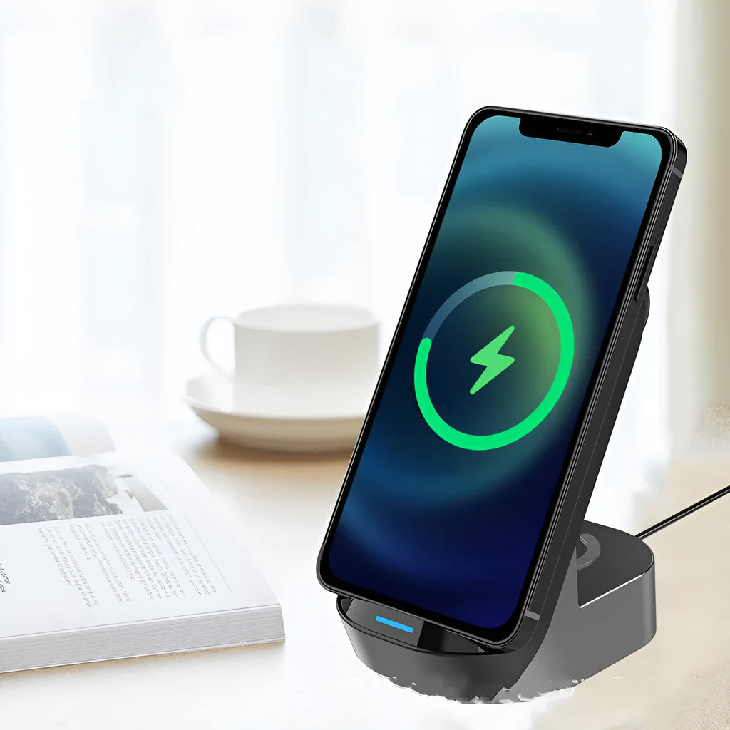 Black grey foldable 3-in-1 wireless charging stand with phone upright