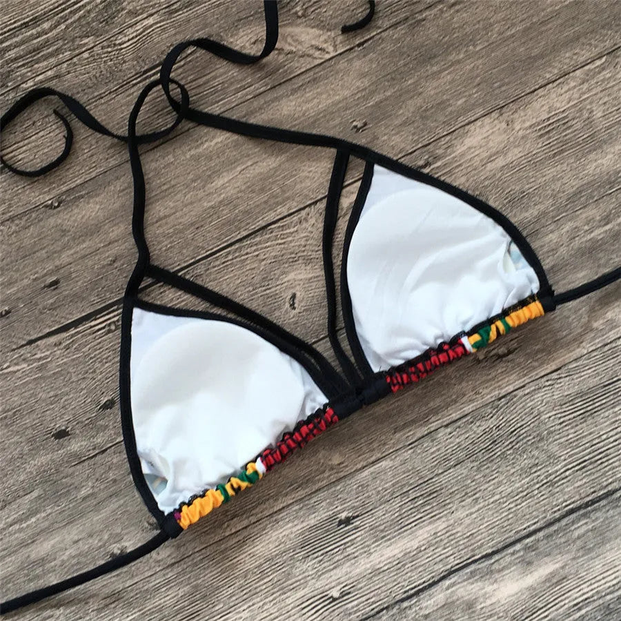 Women's high-waist bikini with digital printing and backless design for swimming