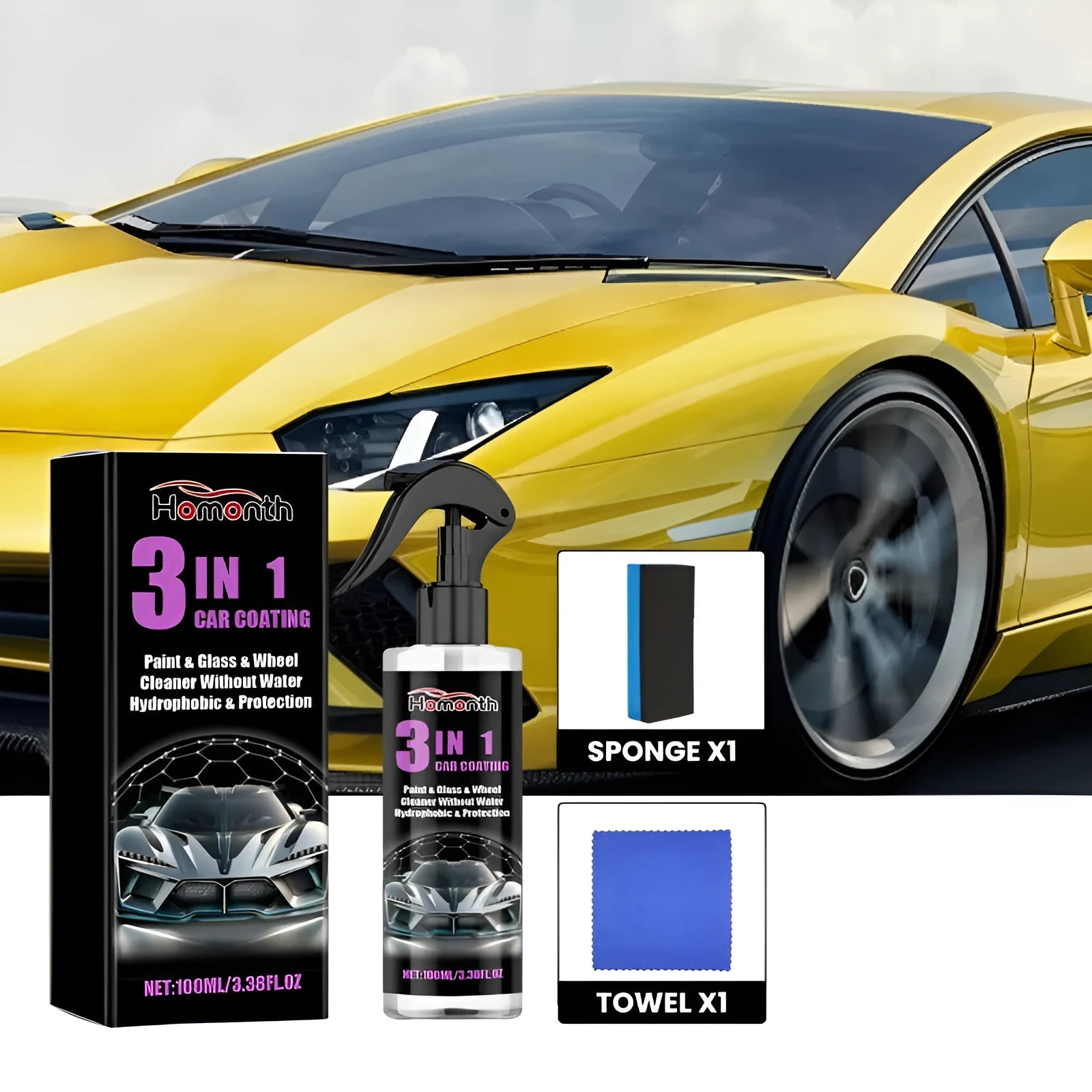 Ceramic car paint spray 100ml in a spray bottle with a sponge and towel for paint decontamination and polishing