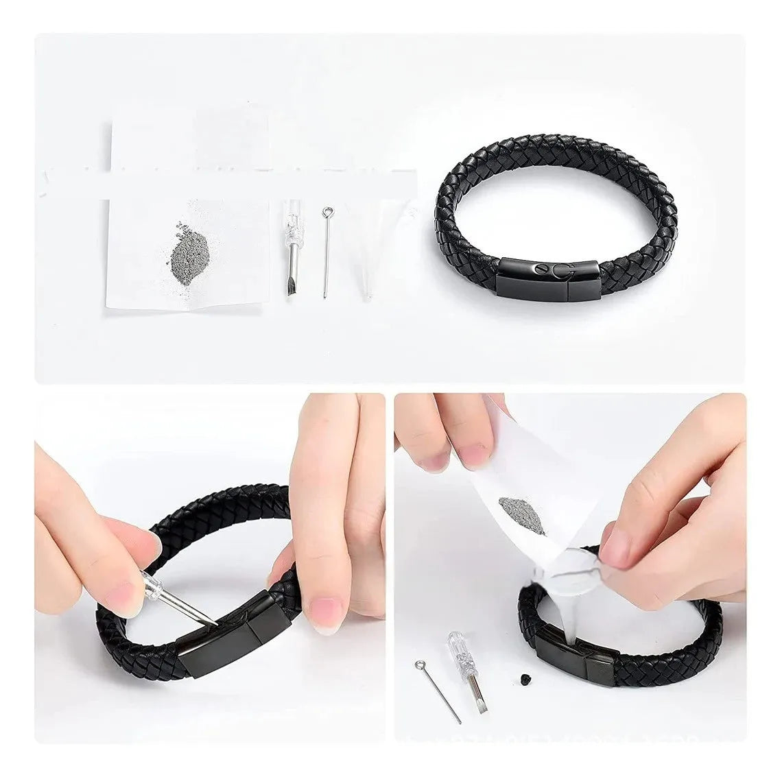 Black woven stainless steel cinerary bracelet with personalised text in gift box