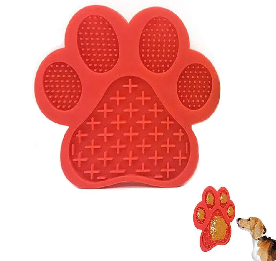 Blue silicone dog licking mat with bone texture and suction cups on back for bath time and slow feeding.