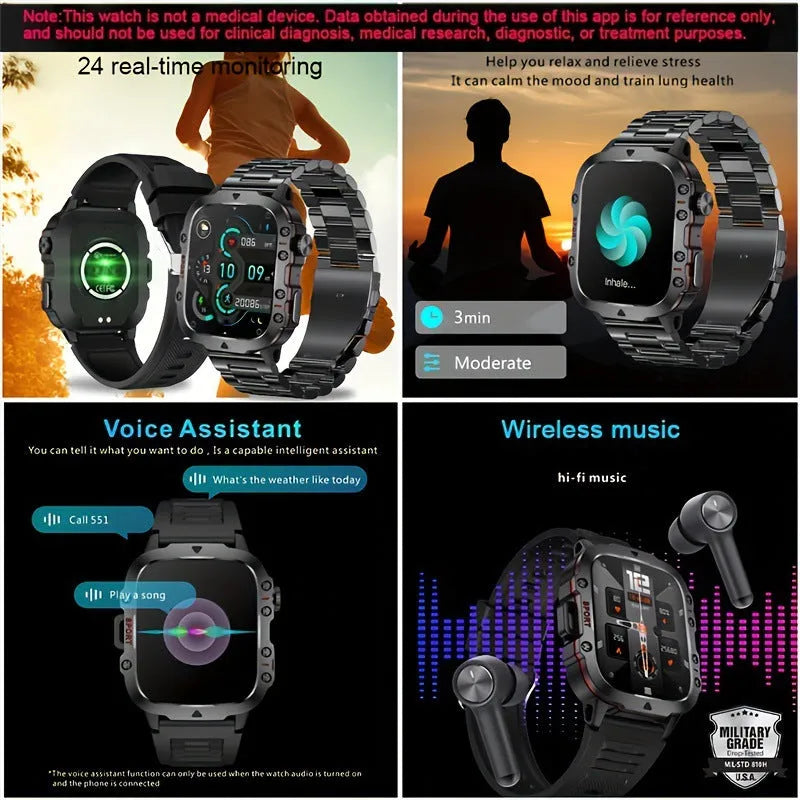 Sports outdoor Bluetooth calling watch with heart rate monitor, TFT screen, in black mesh steel colour