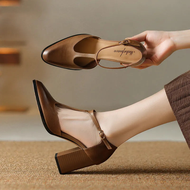 Women's retro pointed toe Mary Jane shoes with hollow baotou design and buckle closure in dark brown and pink colours
