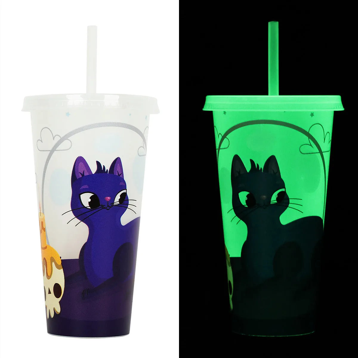 A 720ml cylindrical plastic cup with a luminous straw, shown in various colours for Halloween.