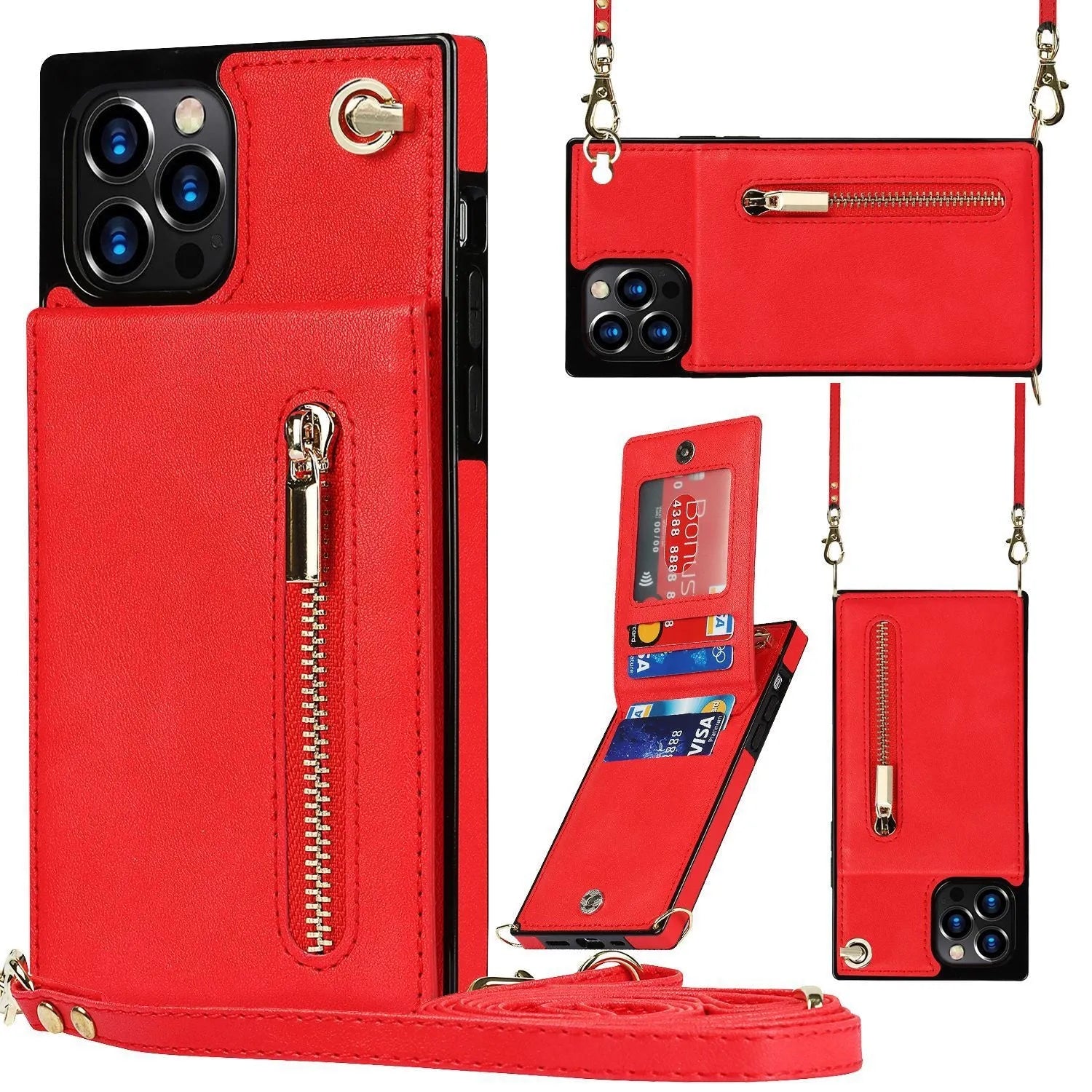 Leather mobile phone case in solid colour options including black, purple, and rose gold.