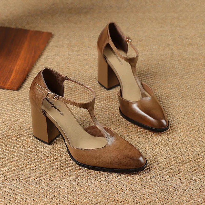 Women's retro pointed toe Mary Jane shoes with hollow baotou design and buckle closure in dark brown and pink colours