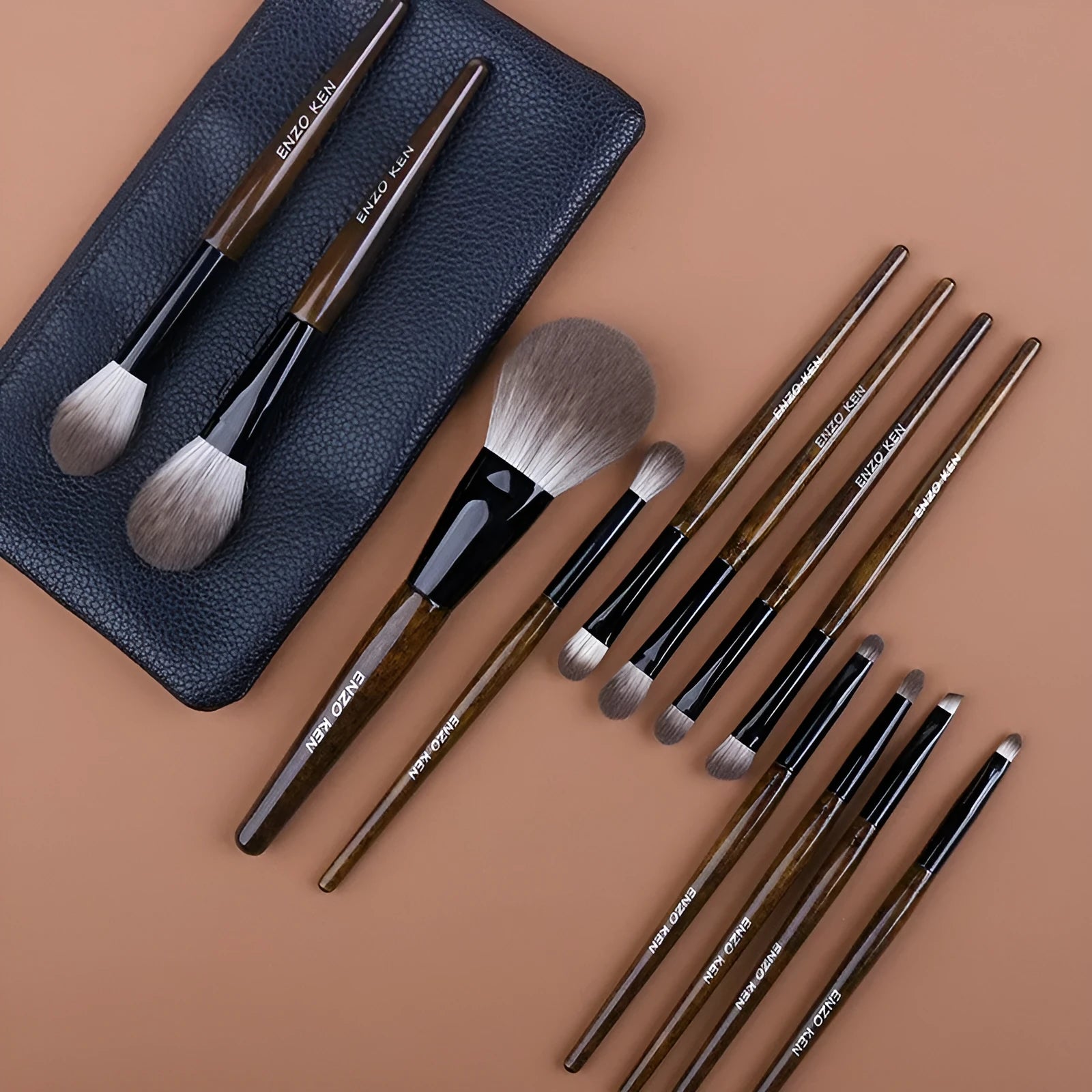 12-piece makeup brush set with wooden handles in PU storage roll