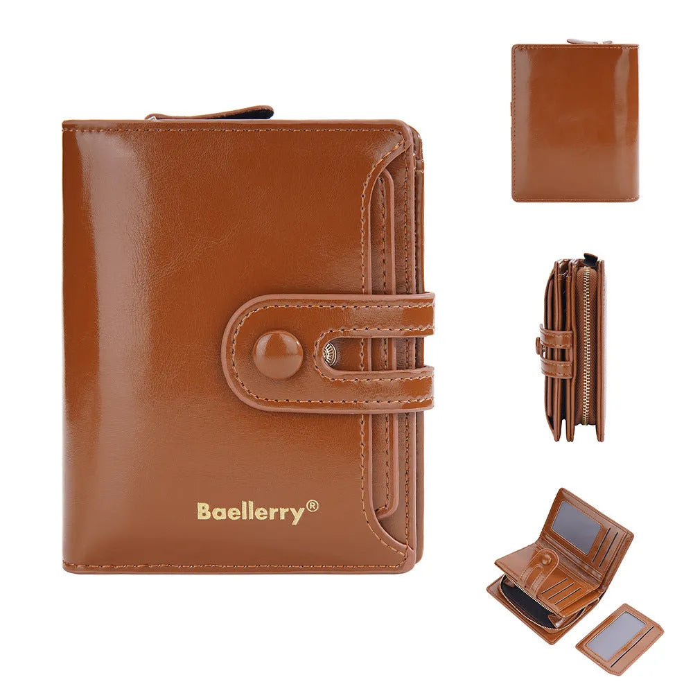 Women's PU leather card holder wallet shown in multiple colour options including black, pink, and blue.