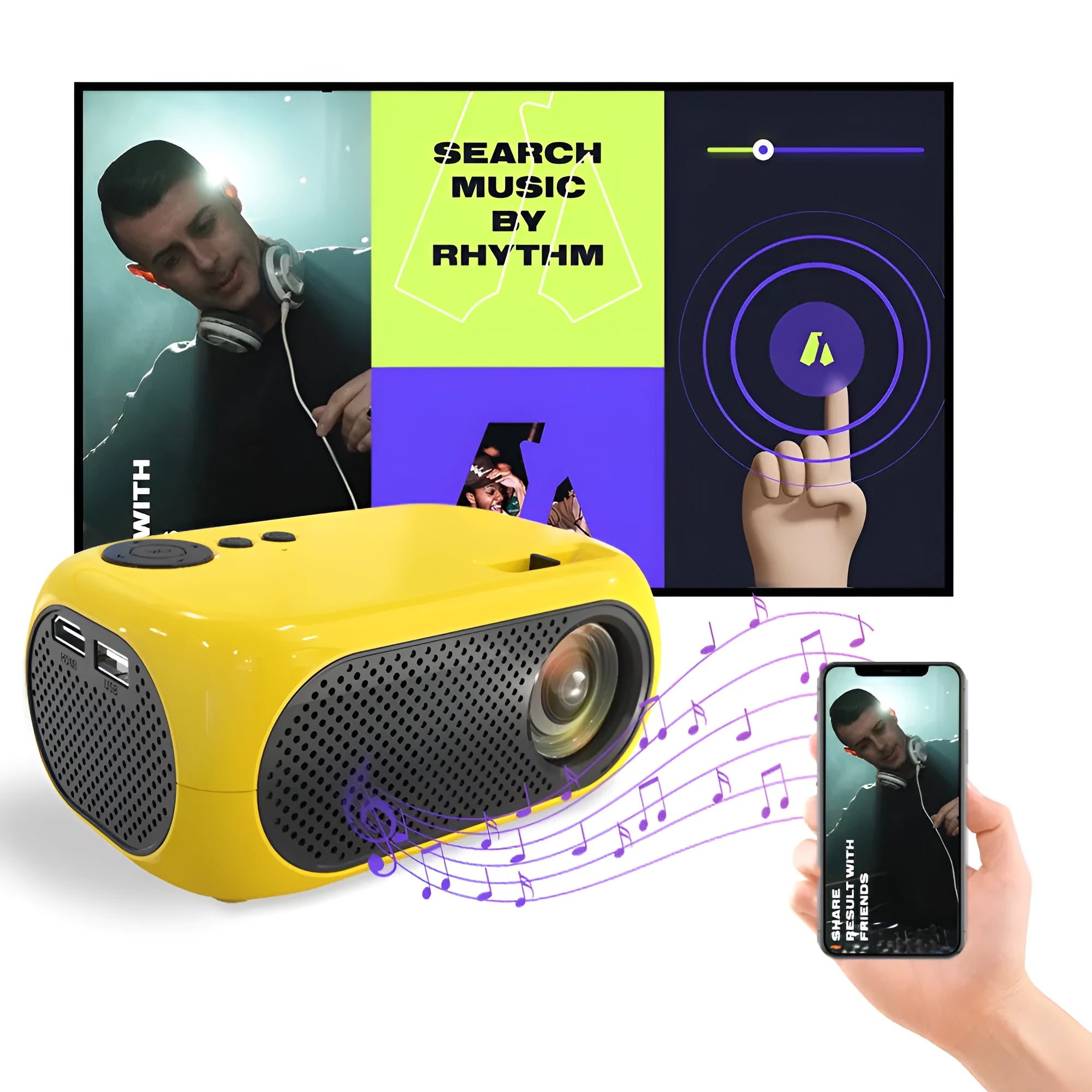M24 gold and white micro mini portable LED projector with power adapter and AV cable on a grey background