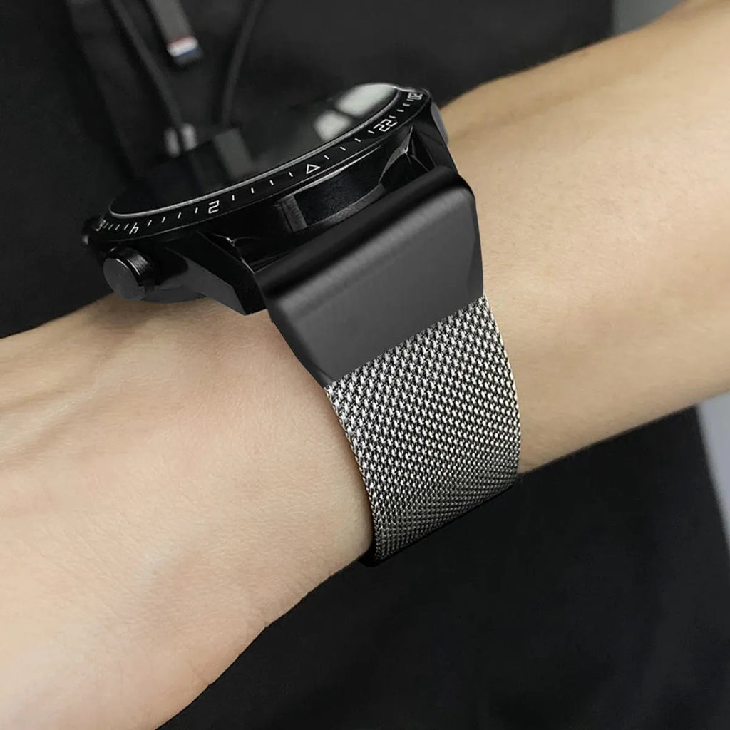 Stainless steel Garmin Fenix watch strap with integrated card slot in silver colour.