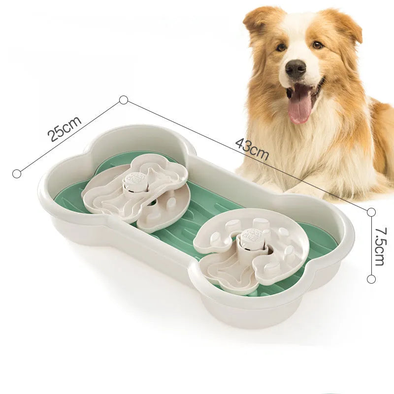 Large green slow feeder dog bowl with three separable puzzle trays for extended feeding time