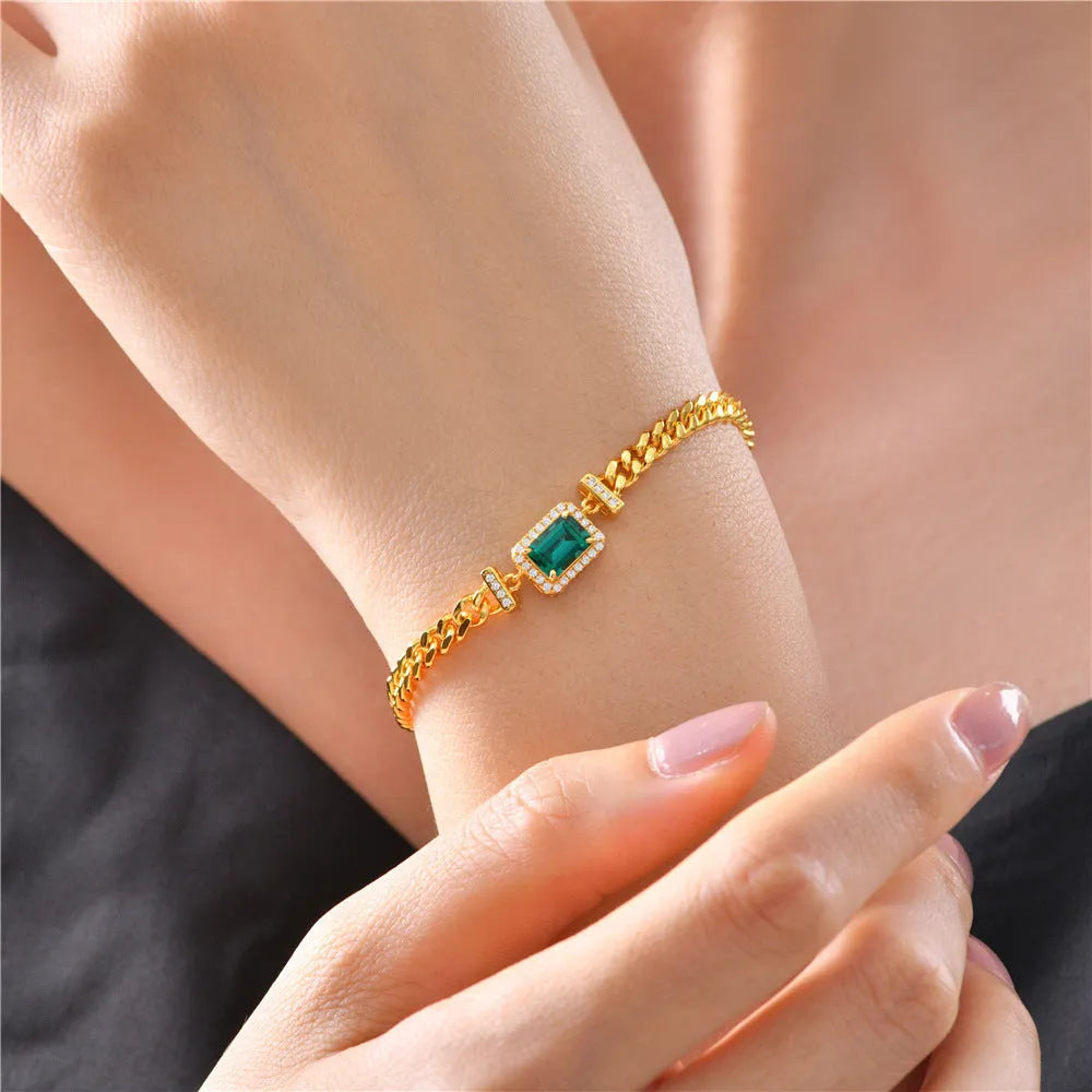 Cuban bracelet in 925 silver with green finish and flower shape, 17cm length for women
