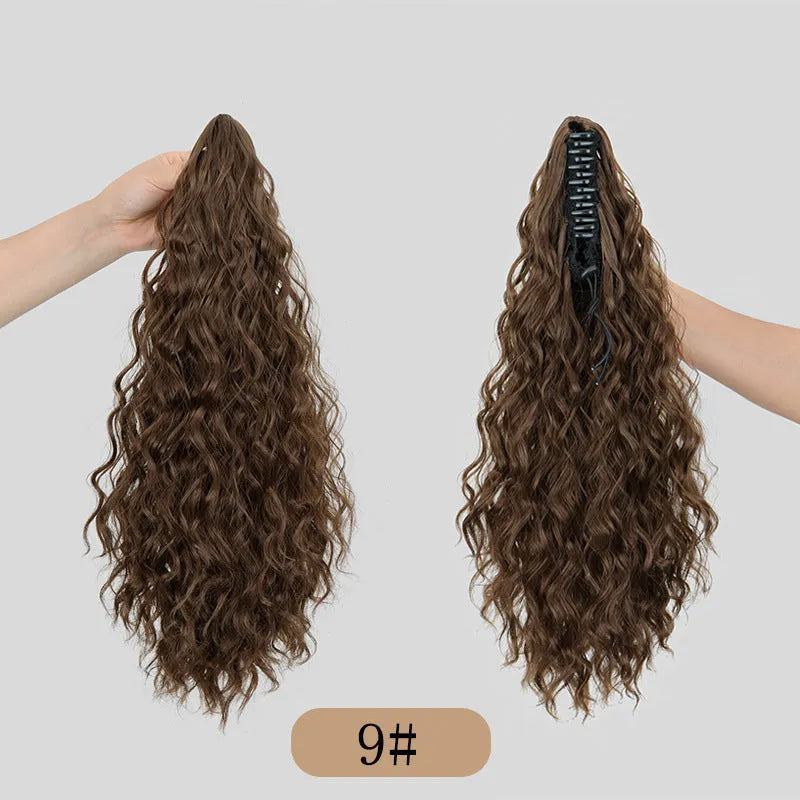 Synthetic corn curler wig ponytail with water ripple grip texture in multiple colour options on a white background.