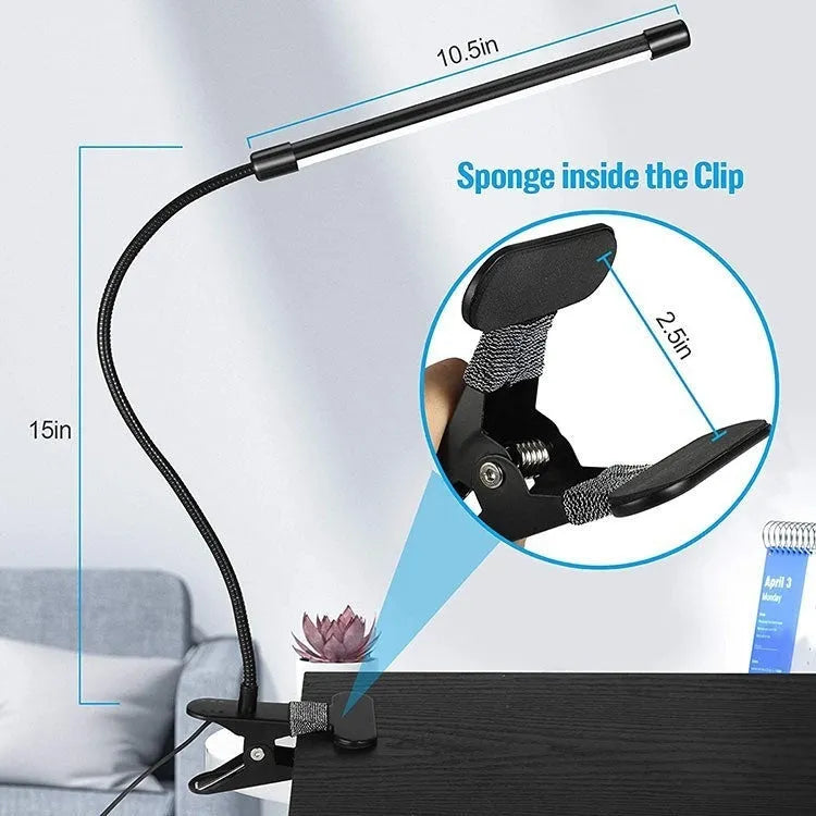 Black and white LED desk lamp with USB cable, 26cm length, for desk use.