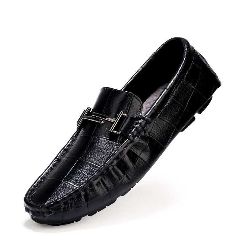 Men's leather casual shoes with buckle detail in four colour options showing flat heel and rubber sole