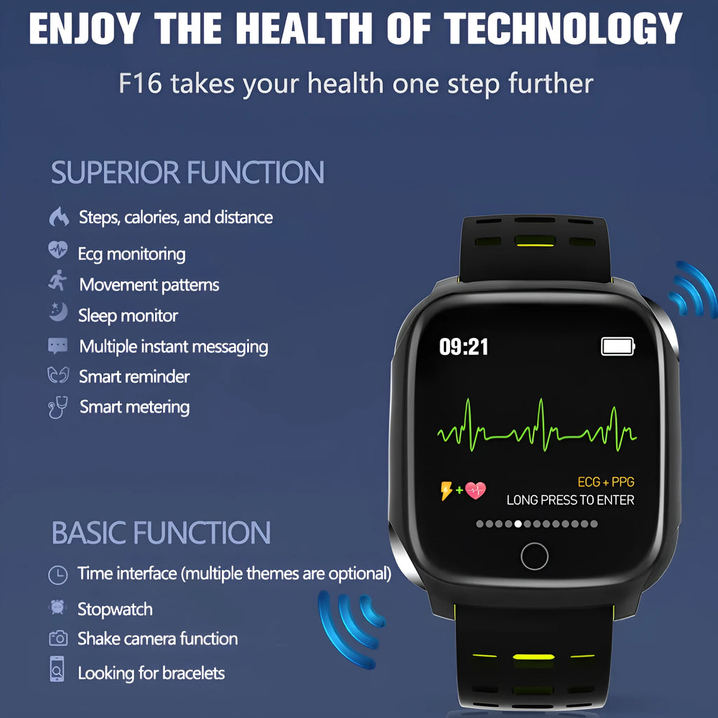 F16 smart watch with ECG and blood pressure monitoring on wrist, showing black watch body with coloured silicone strap