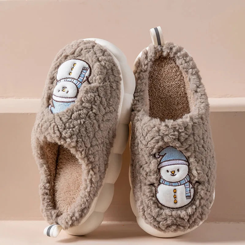 Cute snowman indoor slippers with soft plush upper and anti-slip sole, available in multiple colours