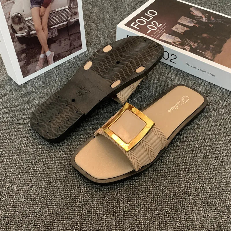 Women's flat summer slippers in apricot, black, or khaki with lightweight PVC soles.