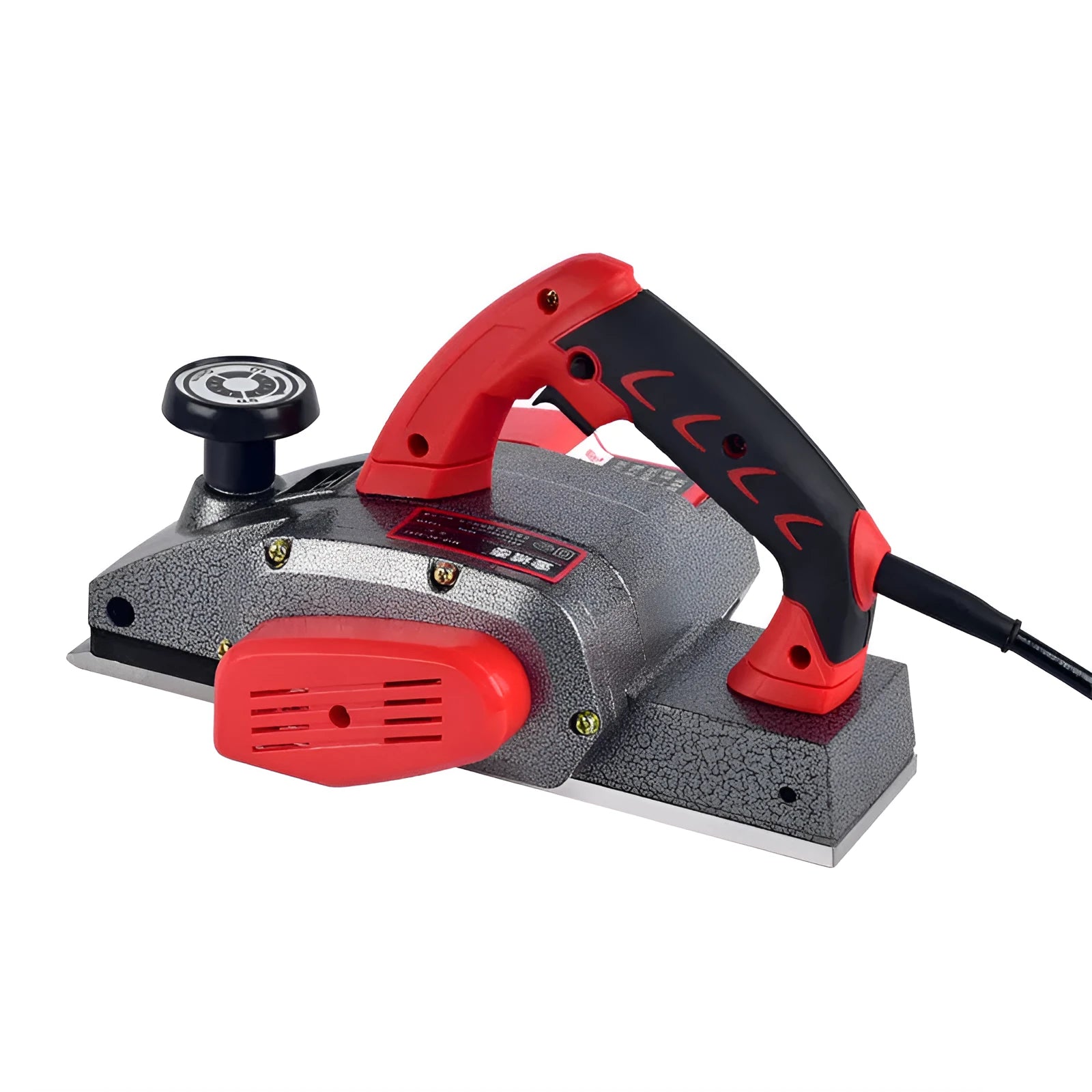 Red desktop electric wood planer with aluminium shell showing 82mm cutting width