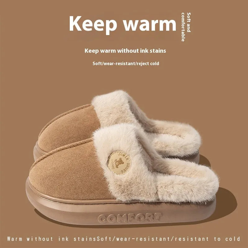 Pair of thick-soled fleece slippers in multiple colour options on a white background.
