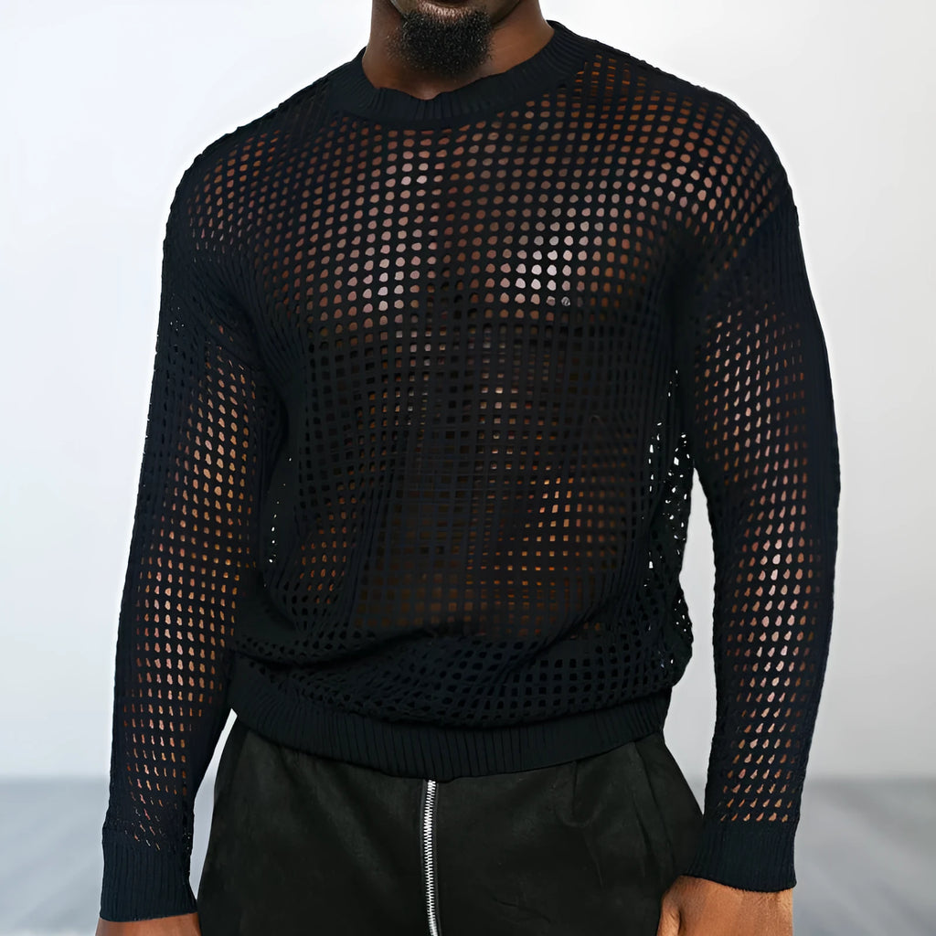 Black thin acrylic round neck loose fit pullover sweater on model