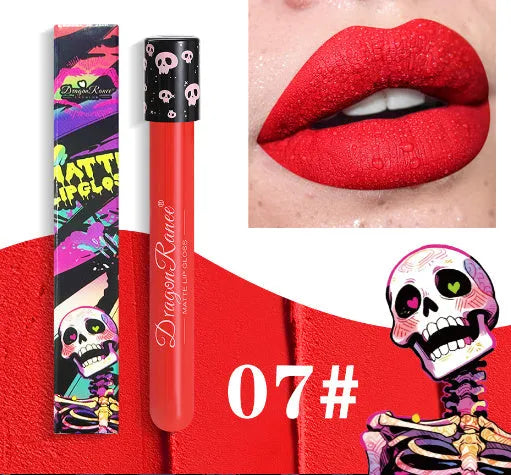 Halloween creative makeup lip gloss in skull-shaped test tube with retro matte gold and silver shades.