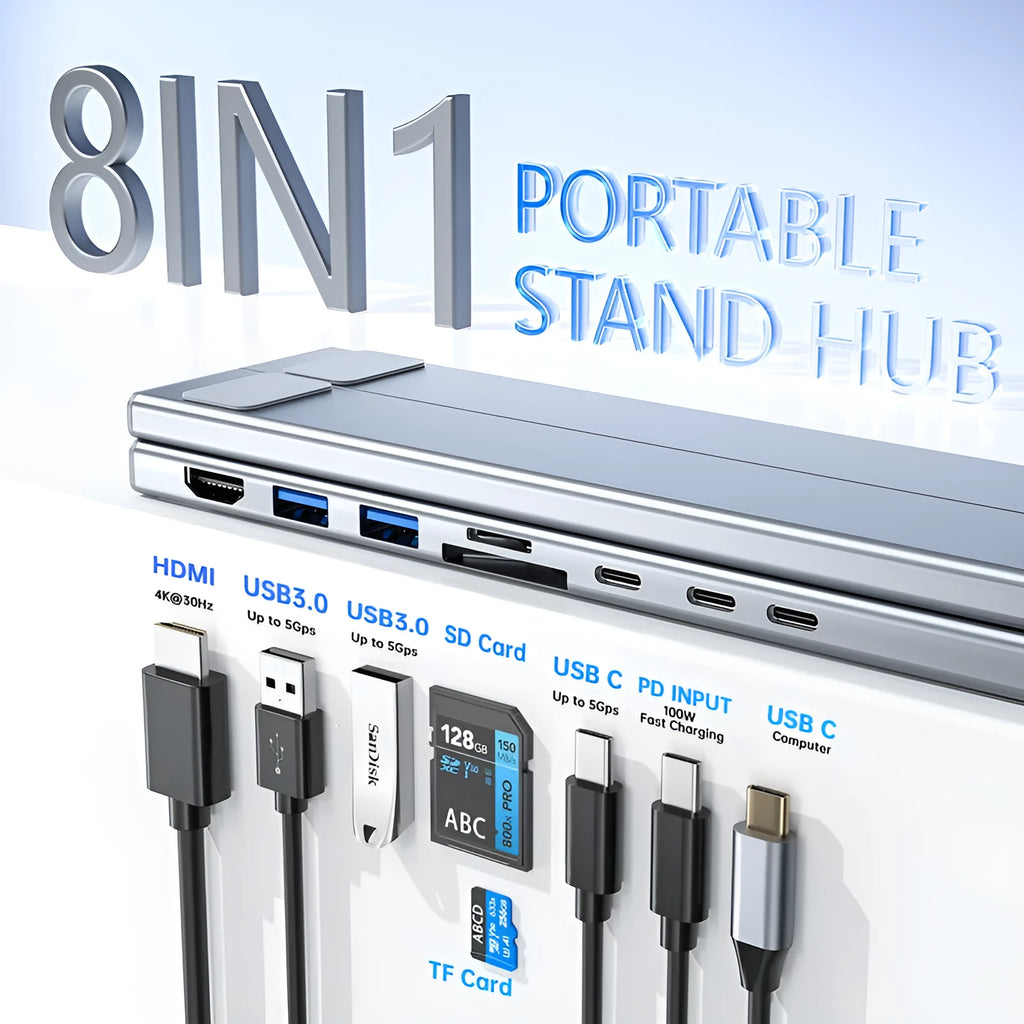 Aluminium folding laptop stand with integrated 8-in-1 multi-interface docking hub