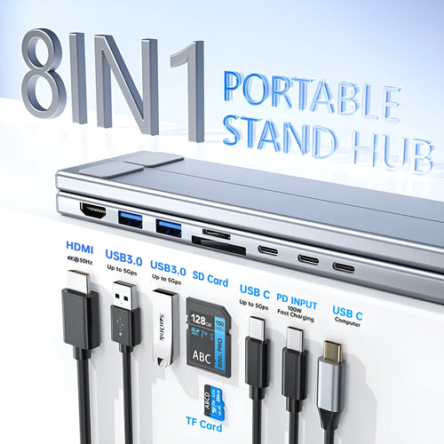 Aluminium folding laptop stand with integrated 8-in-1 multi-interface docking hub