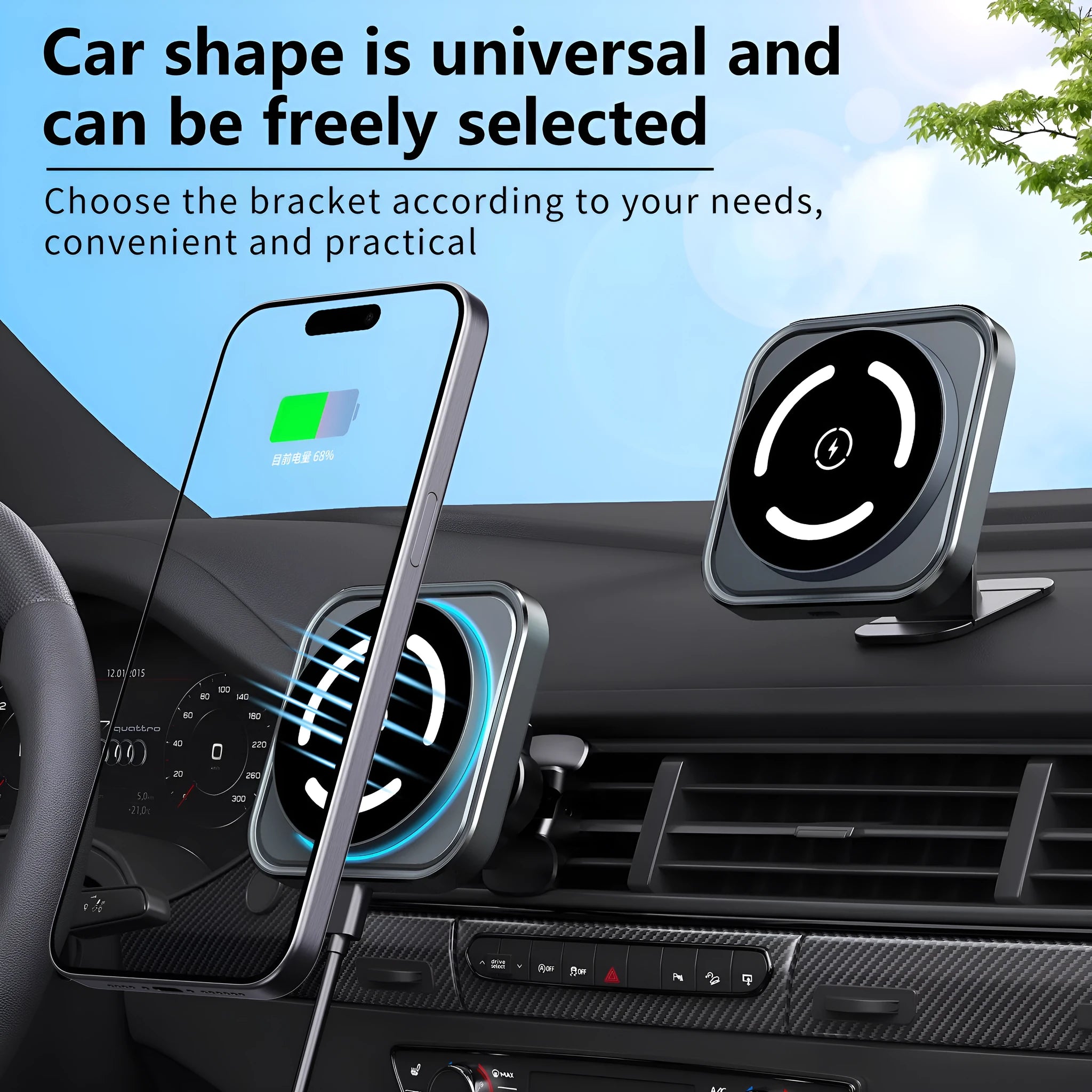 Magnetic car wireless charger holder M69 with USB output and bracket for vehicle vent mounting