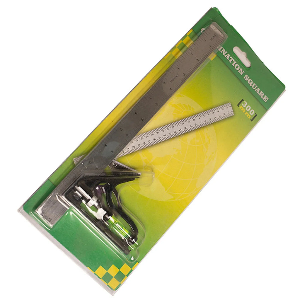 Red 7-inch metal combination angle ruler with metric scale, two tools in a clear bag.