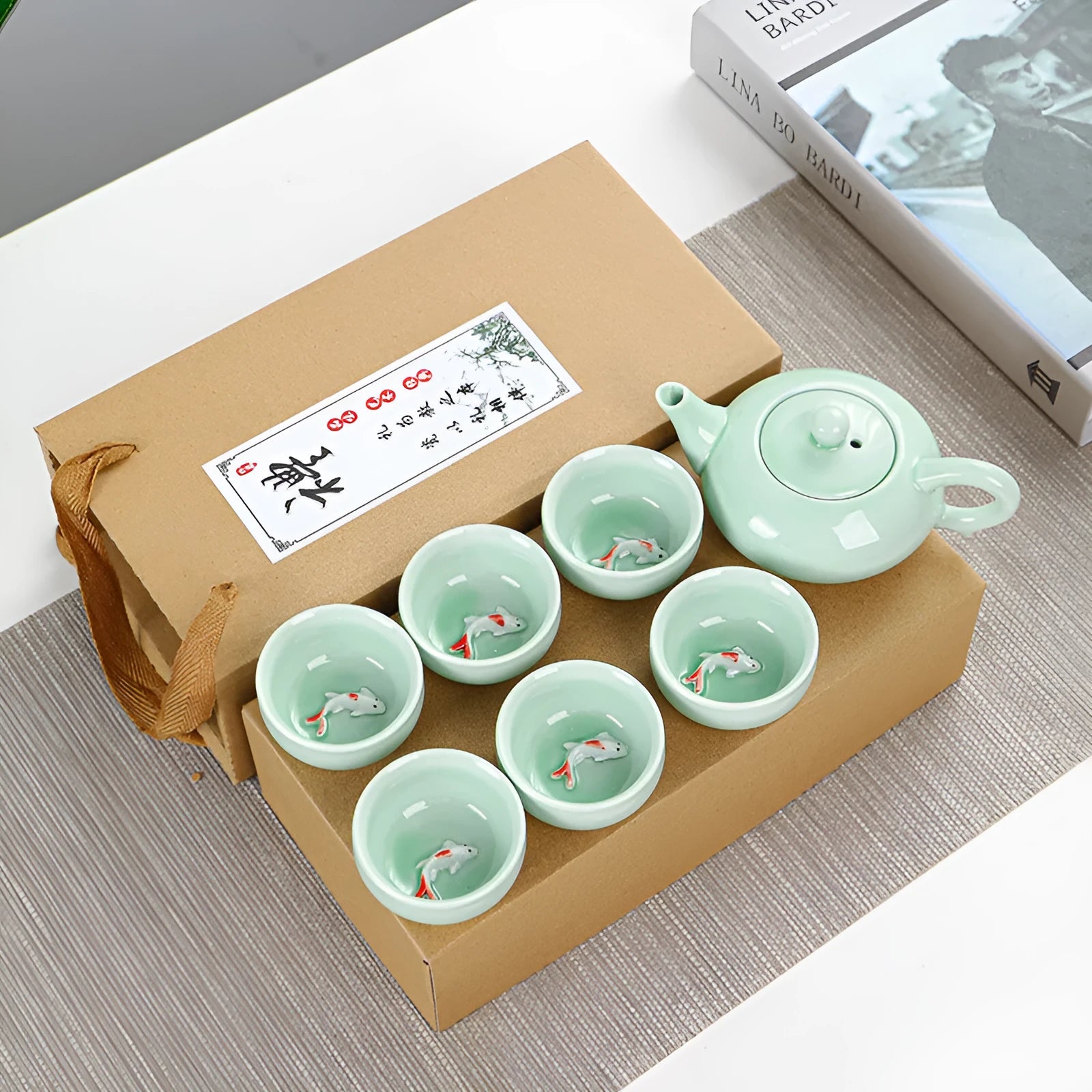 Ceramic celadon portable tea set with teapot and six cups in modern simple style