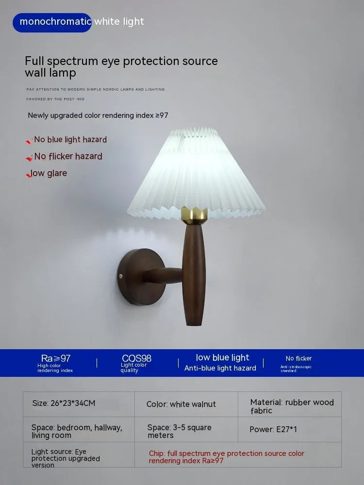 American retro style single head wall lamp with walnut wood frame and fabric shade, mounted on a wall.