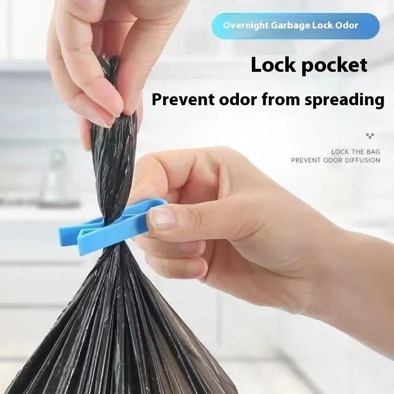 White PP plastic side-fixed clip for holding a bin bag on a trash can rim.