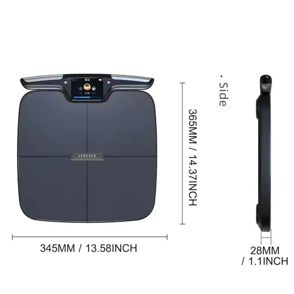 Black eight-electrode body fat scale on a floor, showing a simple rectangular design.