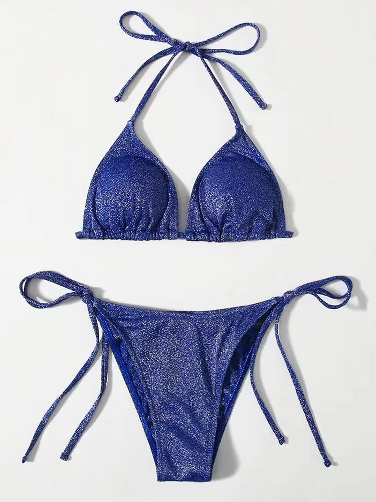 Women's bandage style bikini swimsuit with halter neck top and briefs in polyester fabric